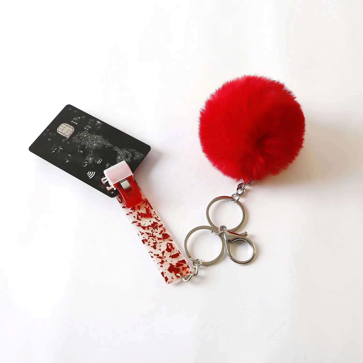 Promotion Credit Card Puller Cute Acrylic Debit Bank Card Grabber for Long Nails ATM Keychain with Pom Pom Ball and Plastic Clip