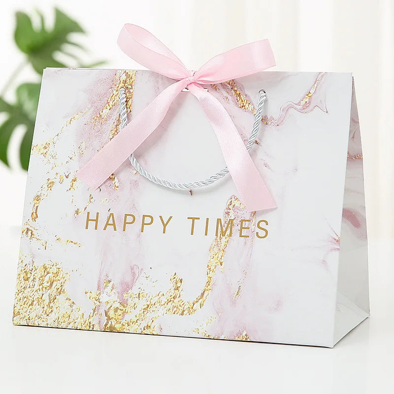 Ins Style Luxury HAPPY TIMES Marble Boutique Gift Shopping Paper Bags With Bow Tie for Birthday Wedding Party Decoration