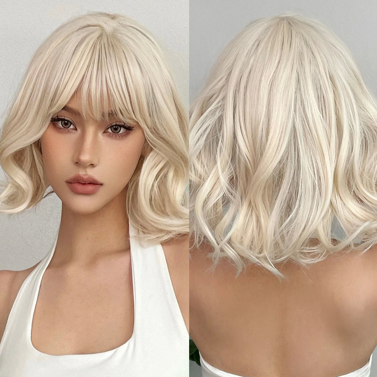 In-stock MOQ1 Platinum Short Wave Bob Hair Wig Light Blonde Synthetic Wigs with Bangs for Women Heat Resistant Hair