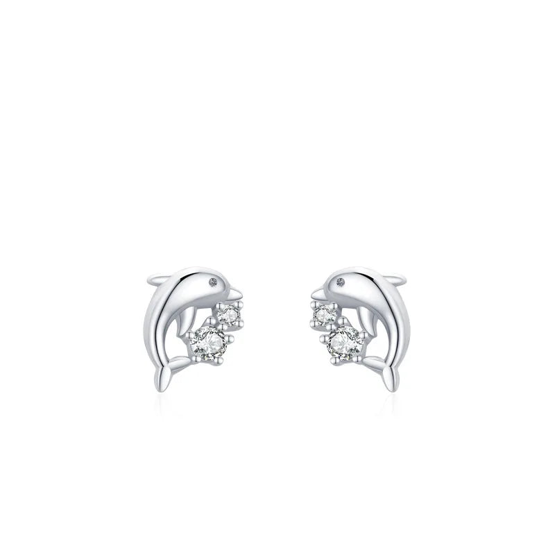 Cute Dolphin Animal Small Ear Stud 925 Sterling Silver Fashion Jewelry Sparkling Zircon Stud Earring for Women