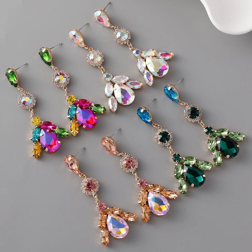 Luxury Colorful Crystal Geometric Earrings Ladies Jewelry Rhinestone Crystal Water Drop Dangle Earrings for Banquet