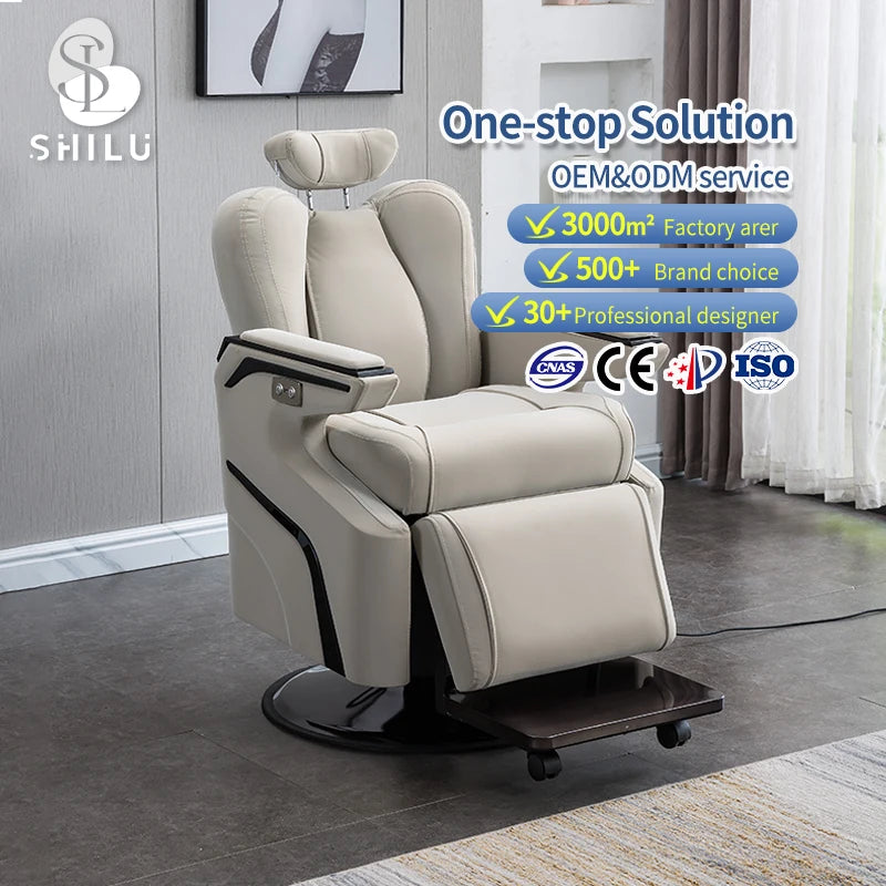LF12 Luxury Leather Barber Chair with Electric One-Motor Reclining Feature and Automatic Reverse Back Pedal