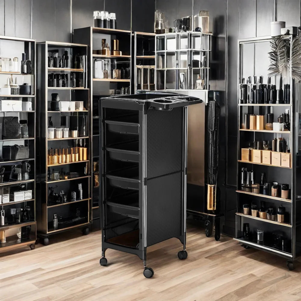 Barber Organizer Tool Multi Drawers Rolling Cart Beauty Salon Trolley with 4 Universal Wheels Black Salon Furniture Plastic 1pc