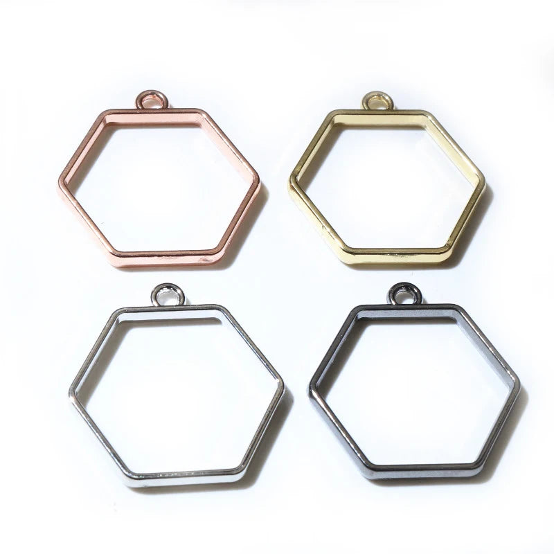 10pcs 29x28mm Hexagon Geometric Hollow Zinc Alloy Metal Frame Bezel Epoxy Resin Pendant Tray for DIY Jewelry Making Accessories