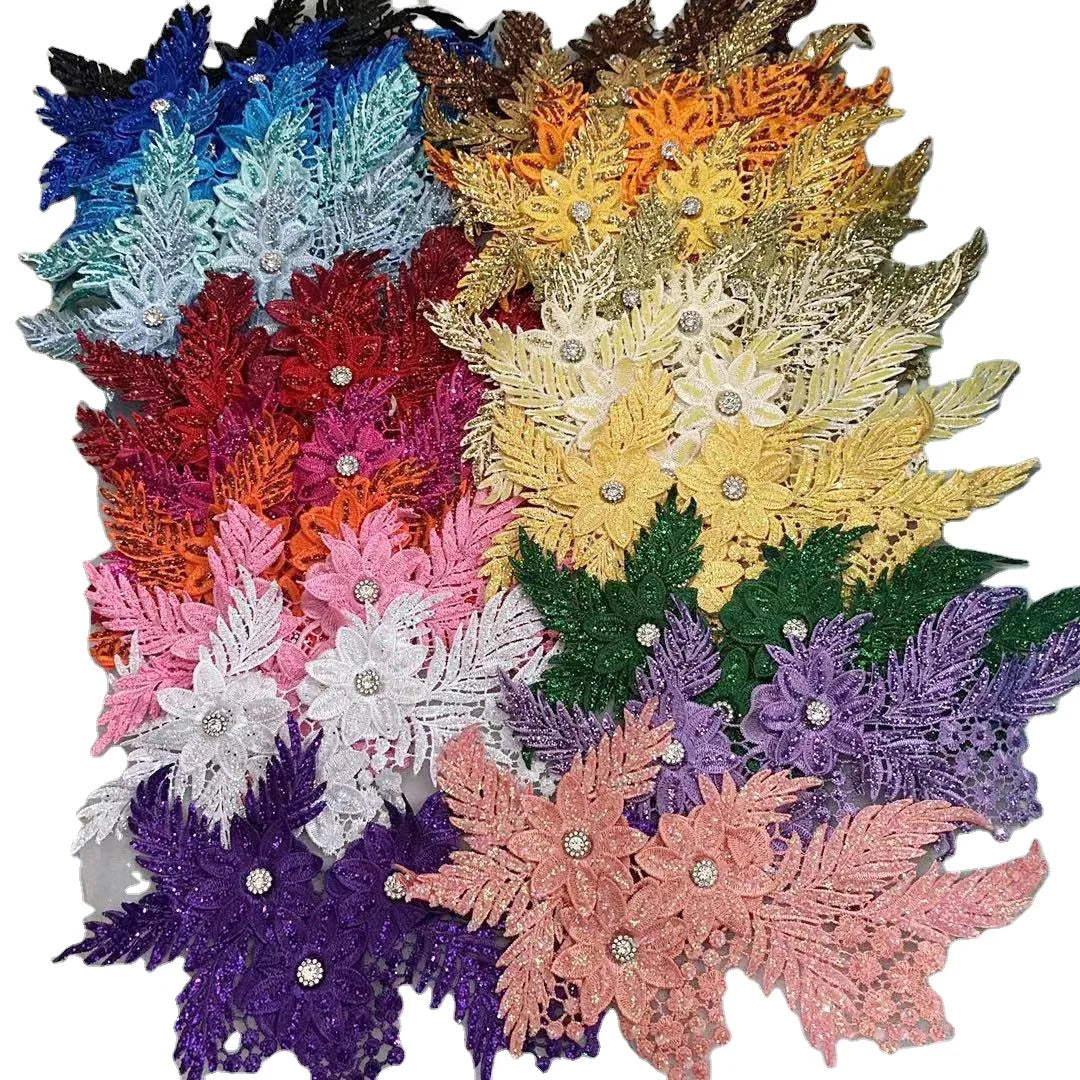 Diy Clothes Accessories Beaded 3D Flower Motif Applique Patch Glitter Sequined Rhinestones Floral Embroidery Handmade Lace Patch