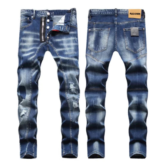AeeDenim Custom Logo Worn Ripped Winter Men's Slim Feet Straight Denim Jeans Breathable Eco-Friendly High-end Streetwear