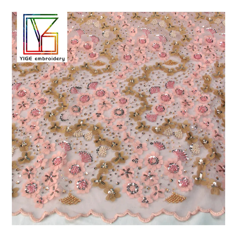 Pink 3D Three-dimensional Satin Flower Tulle With Beads Mesh Sequins Lace Fabric for Dress