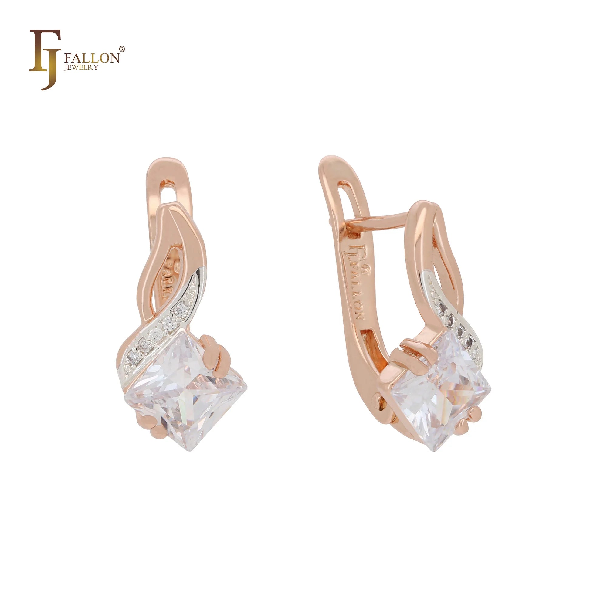FJ Fallon Fashion Jewelry Solitaire Rhombus Stone Earrings Plated in 585 Rose Gold Two Tone Brass Based
