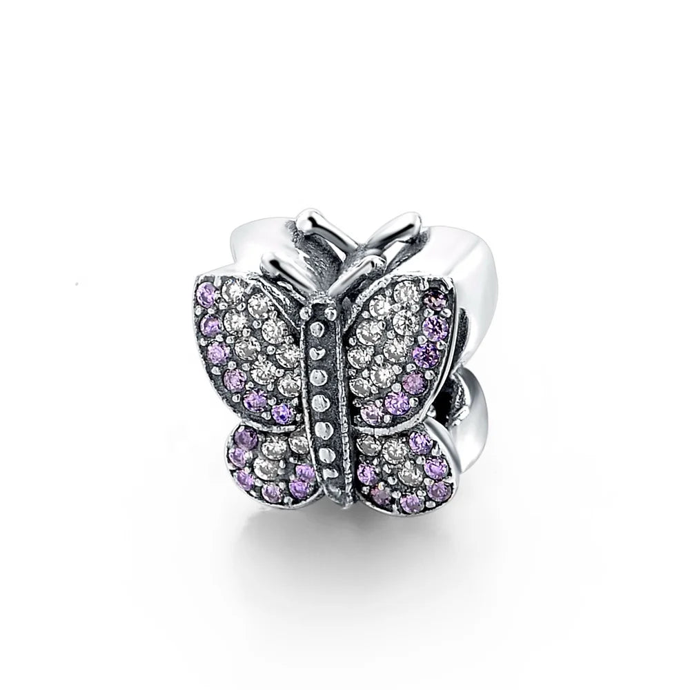 925 Sterling Silver  butterfly Beads with Colorful Stone Animal Charms for Bracelet Making