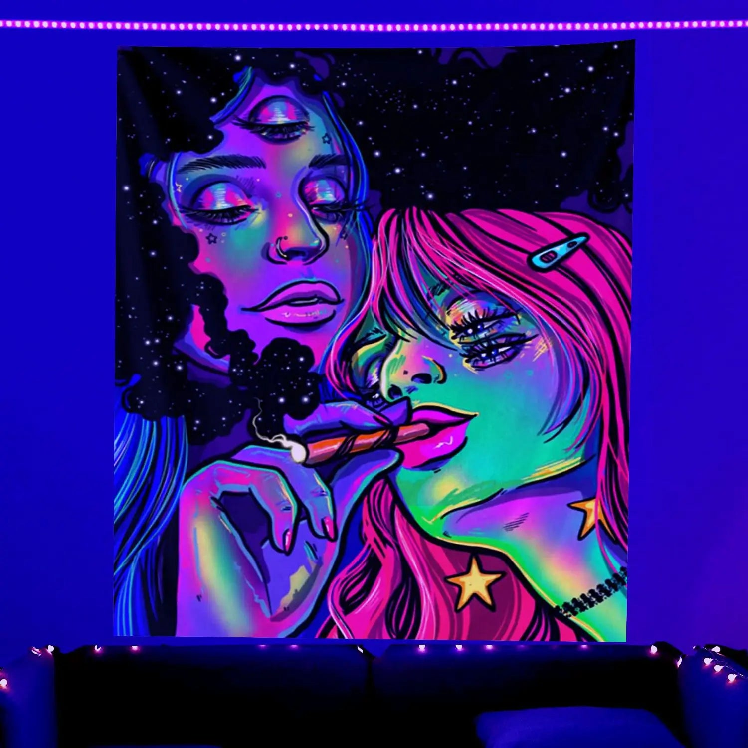 Aesthetic Black Light Hippie Rock Smoke Girl Wall Tapestry Night Glowing UV Reactive Wall Hanging Tapestry for Bedroom Decor