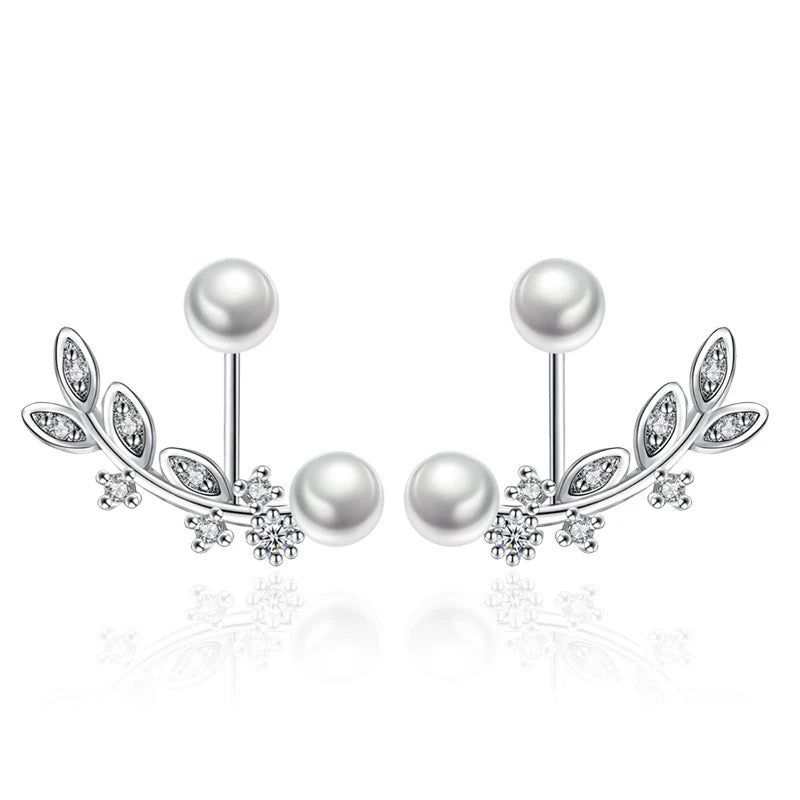 Hot Sale INS Pearl Leaf Crystal Stud Earrings Women