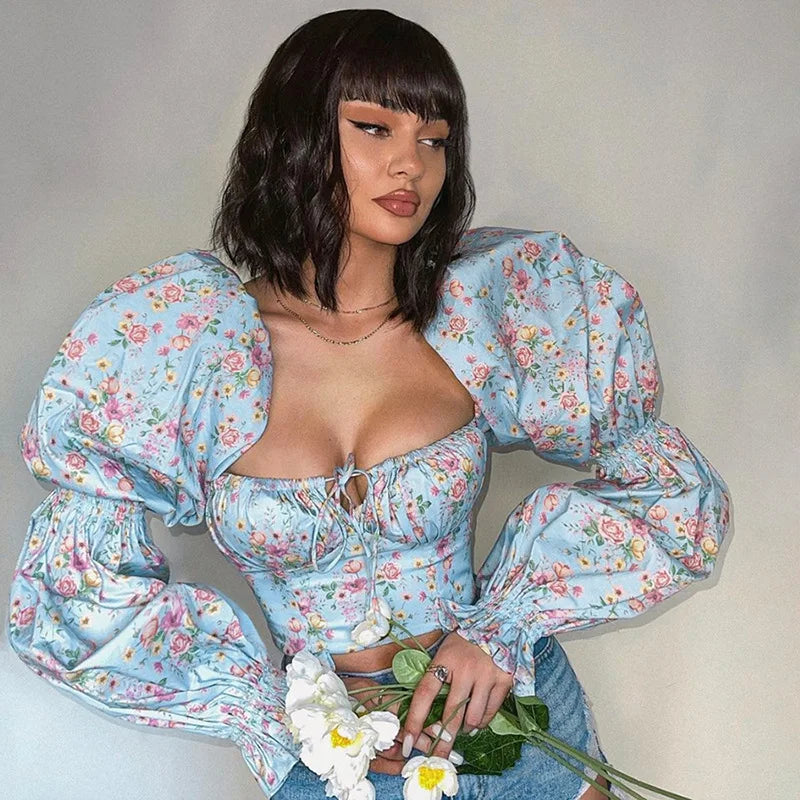 2024 Spring Summer Fashion Elegant French Romantic Floral Puff Sleeve Square Collar Women Blouses New White Chiffon Shirt