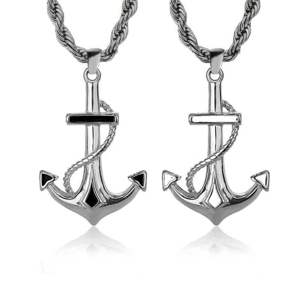 Hypoallergenic Jewelry Anchor Necklace for Men PVD Gold Non Tarnish Stainless Steel Hiphops Enamel Black White Anchor Pendant