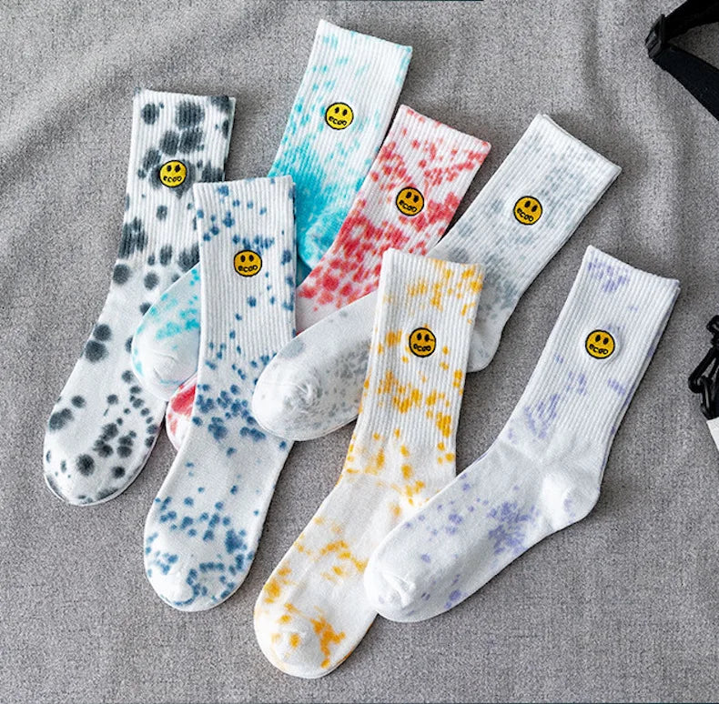 7 Colors Autumn Fashion Tie Dyed Smile Long Crew Cotton Socks for Women