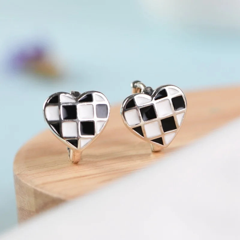 Sterling Silver Earring Checkerboard S925 Silver Heart Earrings Designer Ins Light Luxury Silver Personalized Women's Earrings