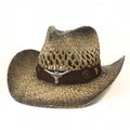 Custom Metal Logo Belt Men Woven Boho Western Cowboy Hat Vintage Straw Hat