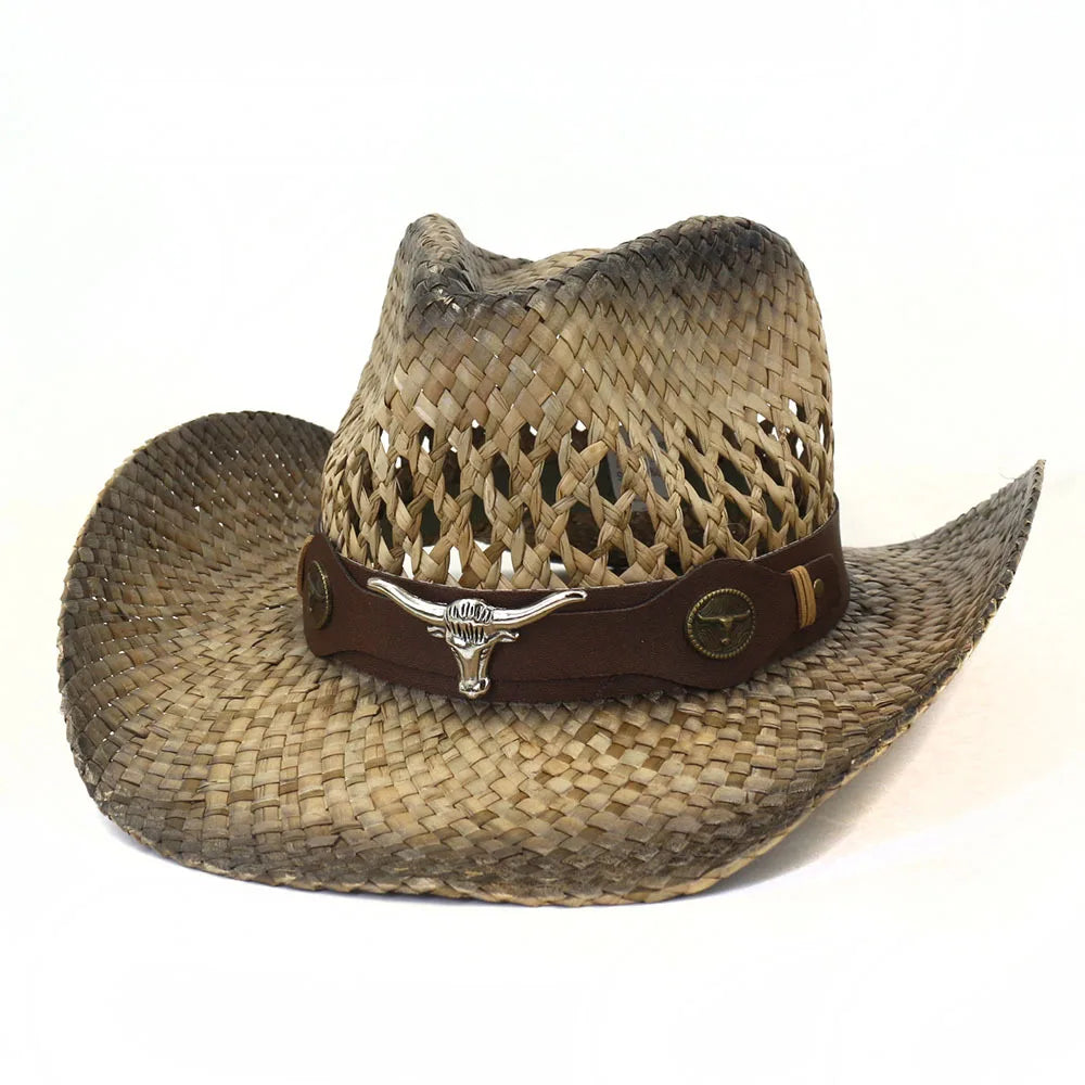 Custom Metal Logo Belt Men Woven Boho Western Cowboy Hat Vintage Straw Hat