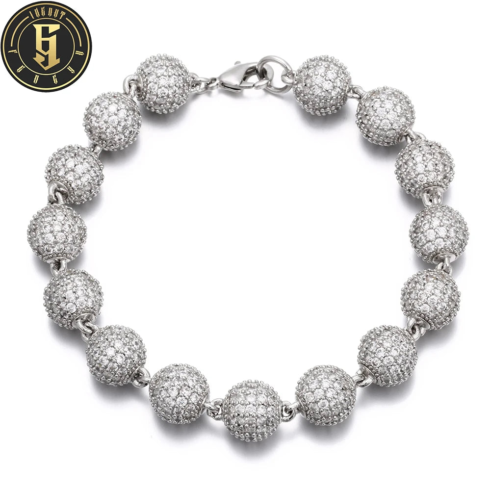 Wholesale Hip Hop Jewelry 10mm White Gold Brass 5A Cubic Zirconia Iced Out Bead Link Chain Bracelet for Men