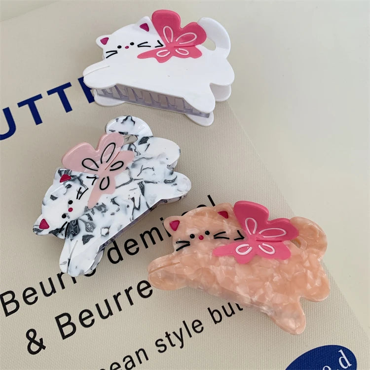Cute Kitten Bow Acetate Hair Claw European and American Style Shark Clip for Back of the Head or Ponytail Hair Styling