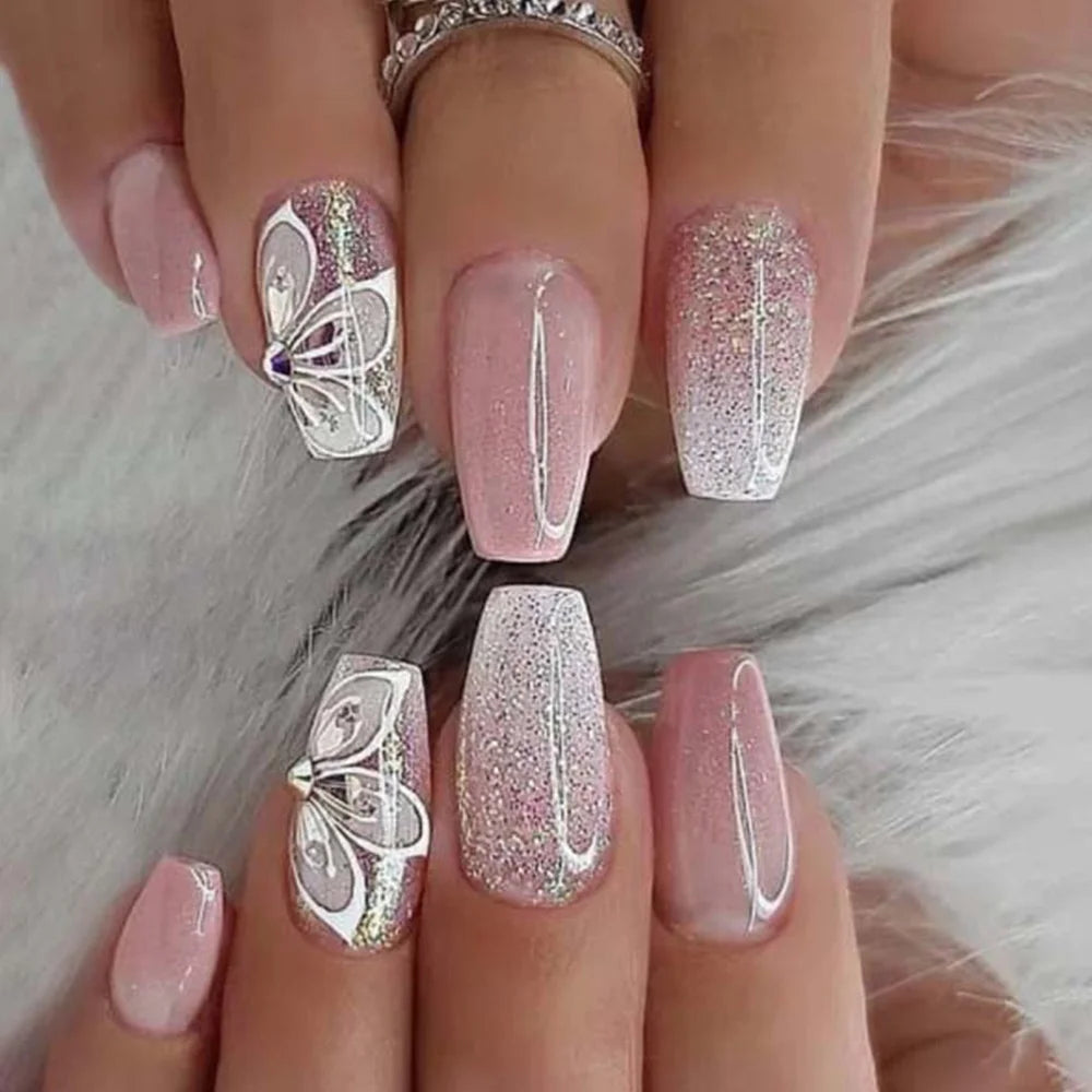 24Pcs Lotus Pink Color Reusable Printed False Nails Short Custom Acrylic Press on Nails Square Artificial Nails for Woman