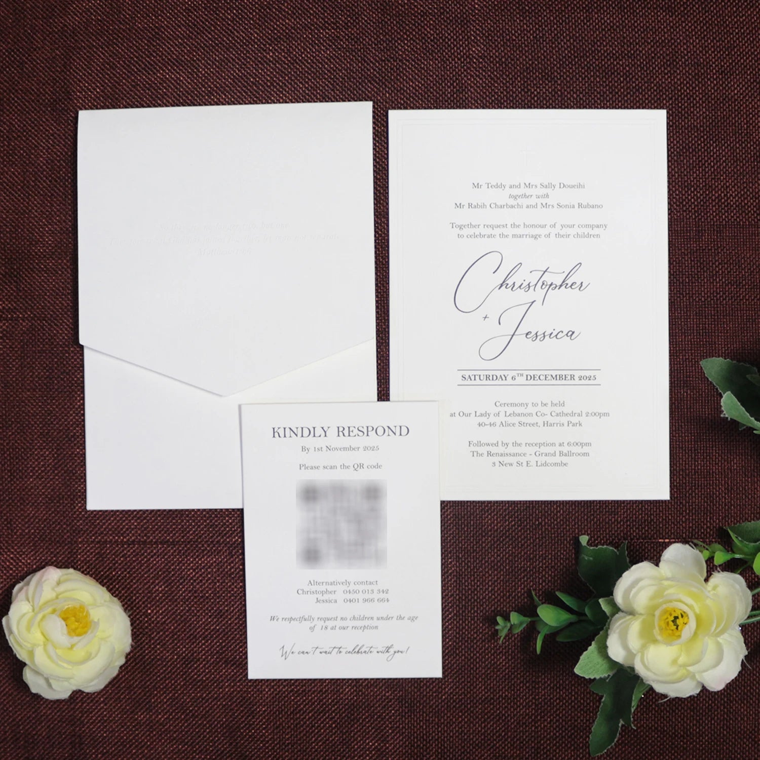 Custom Emboss Texture Paper Wedding Invitation Card With White Envelope and Blind Foil Letter Press Pattern for Wedding Event