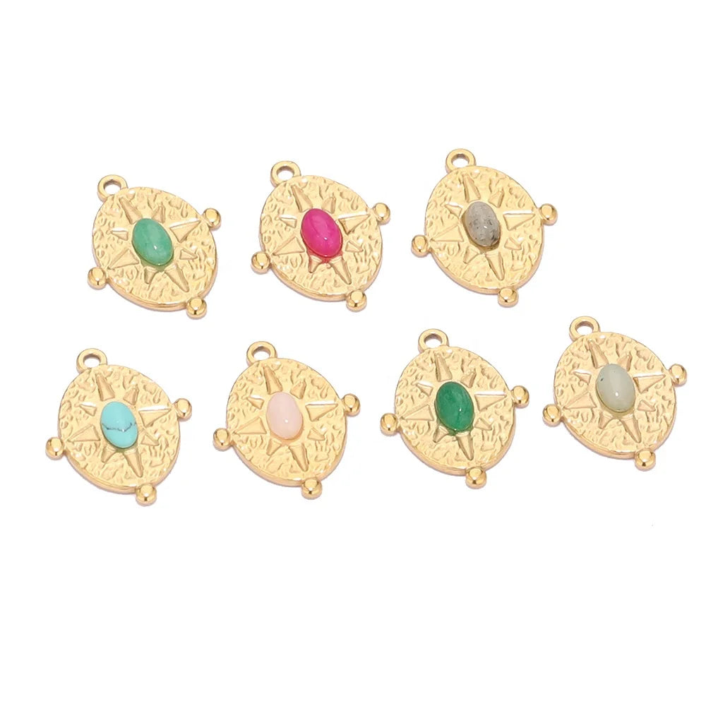 5Pcs Retro Stainless Steel Oval Sun Embed Gemstone Charms Pendants for Jewelry Findings Necklace DIY Bracelet Supplies Bulk