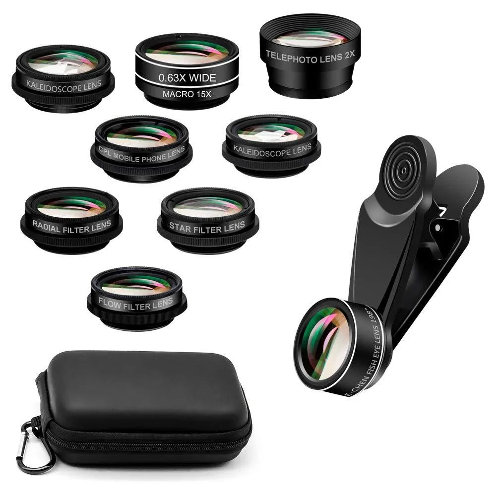 10 in 1 Clip on Cell Phone Lenses 15X Macro 0.63X Super Wide Angle Fish Eye Zoom Mobile Phone Camera Lens Kit