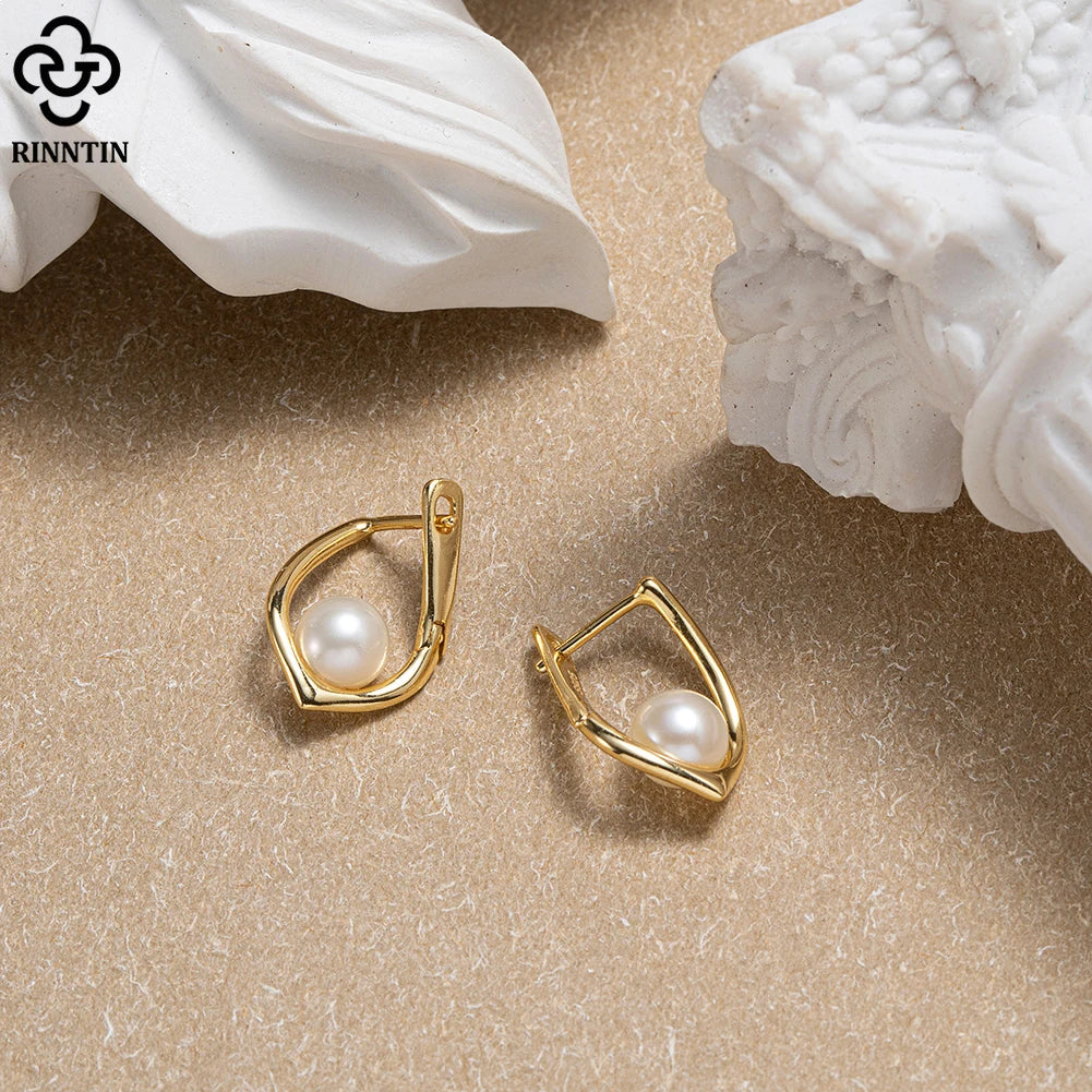 RINNTIN GPE68 2023 Beautiful Bachelorette Huggie Earrings Sterling Silver 14k Gold Plated Freshwater Pearl Earrings