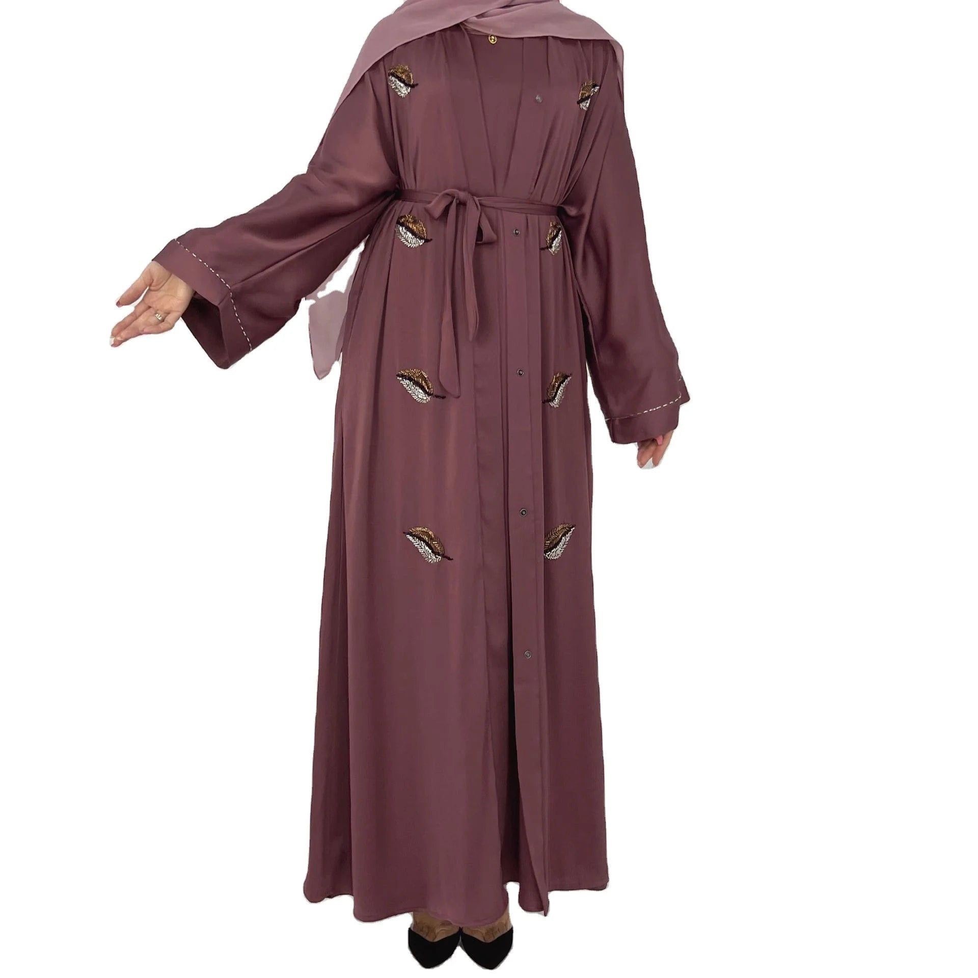 2025 New Design Loose Size Pure Color Rhinestone Leaf Pattern Malaysia UAE DUBAI Fashion Party Muslim Girl Eid Robe