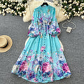 LW0929 2025 Spring Niche Retro V-Neck Lantern Sleeve Print Waist Slimming Long Dresses Women Lady Elegant