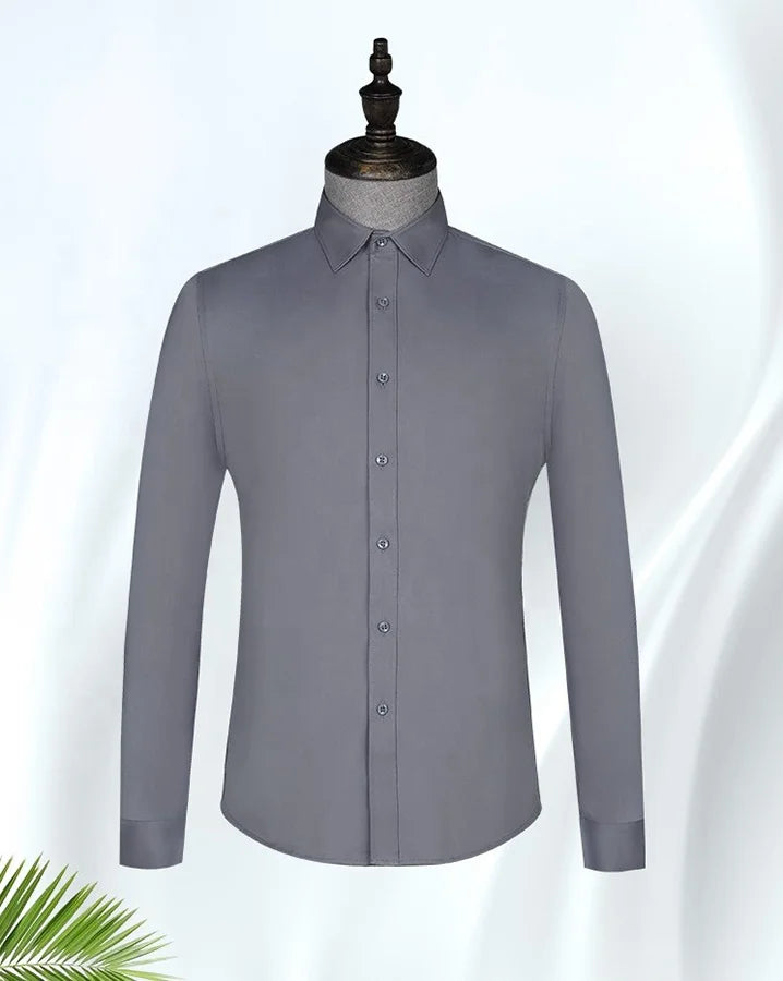 2025 Men's Formal Bamboo Fiber Dress Shirts Long Sleeve Blue Stripe Ready-Made Non-Ironing for Autumn Season Stand Collar