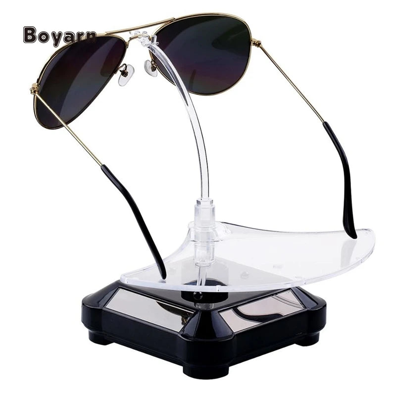 Boyarn Solar Power Battery Showcase 360 Degree Turntable Automatic Rotary Jewelry Cosmetic Cases Displays Stand for Sunglasses