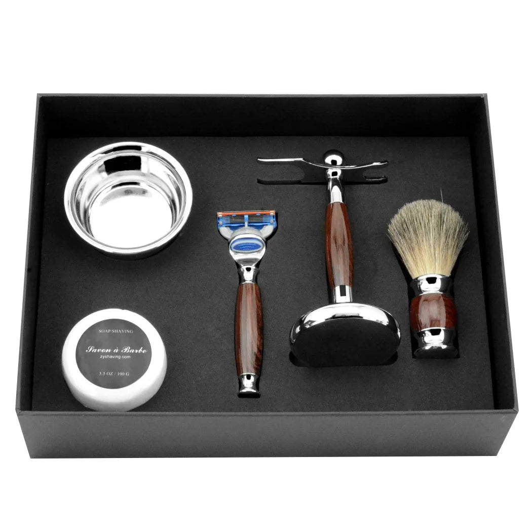 Men's Metal Handle Shaving Set Manual Shaver + Badger Hair Brush + Hu Soap Bowl + Shaving Soap