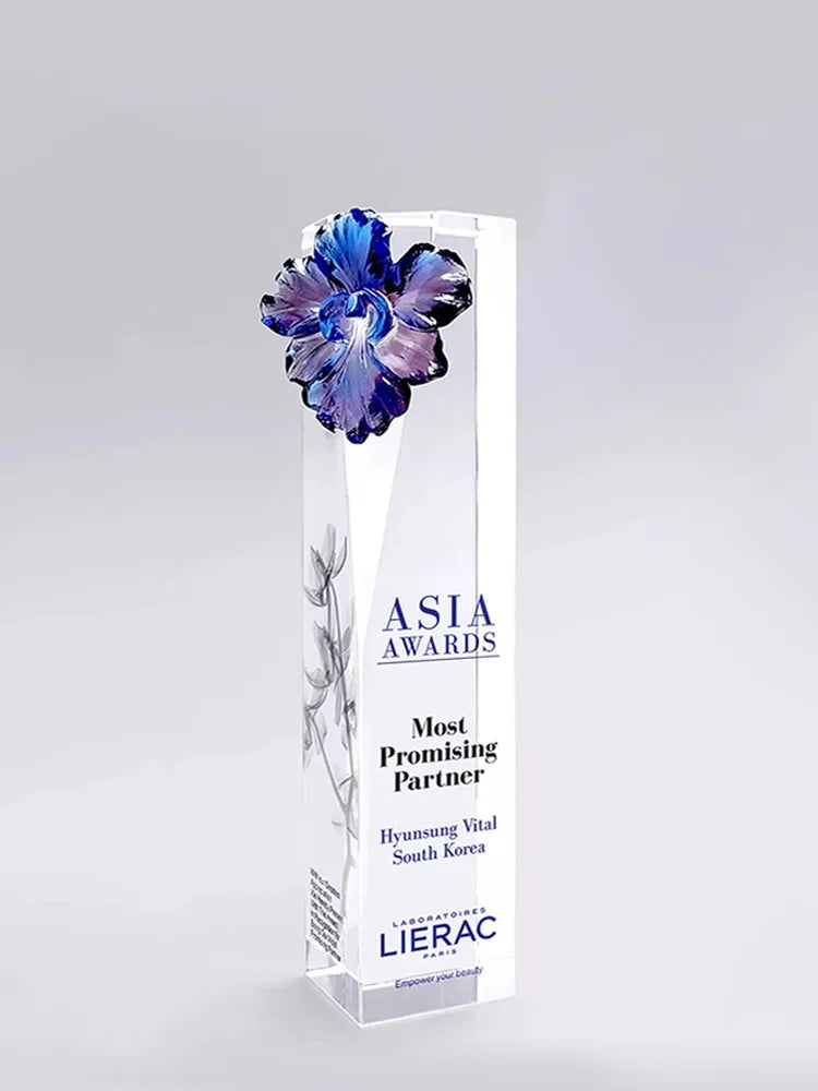 Crystal Trophy Customized Creative Glass Flower Medal Rectangular Prism Competition Champion Team Annual Meeting Outstanding