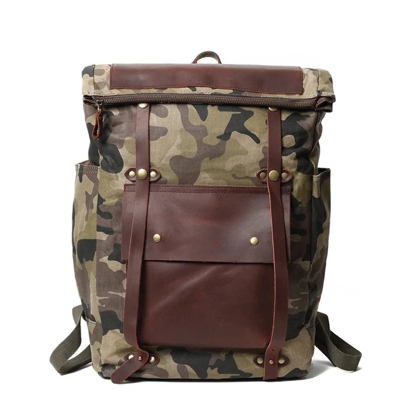 Stock Rucksack Wasserdicht Rolling Casual Sports Fashion Vintage Laptop Backpack Camouflage Man Waxed Canvas Large Capacity