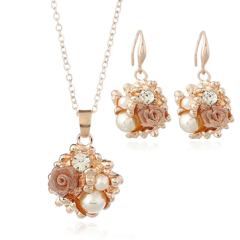 HOVANCI European Newest Arrival Pearl Jewelry Set Luxury Crystal Rhinestone Flower Earrings Necklace Set for Wedding