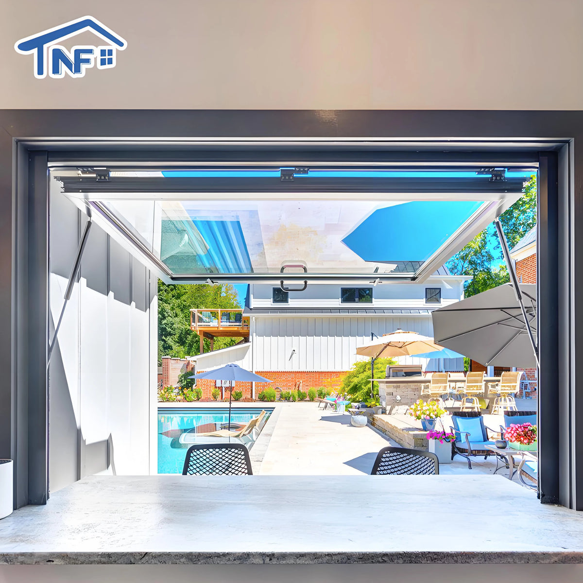Modern Design Gas Strut Flip Out Window Aluminum Alloy Frame Sun-Proof Glass Push Out Flip up Awning Folding Windows MegaBDM