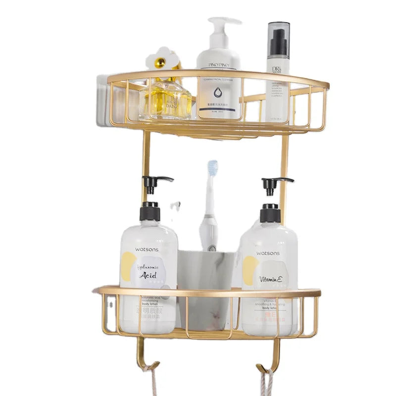 Brass Brushed Gold Bathroom Shower Rack  Wall Mounted 2 Tier Shower Corner Shelf for Home Use