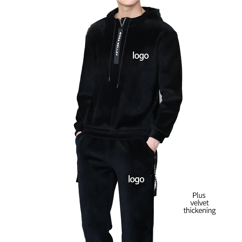 Custom Logo Men's Sport Tracksuits Pyjamas Quarter Zip Velour Track Suits with Hooded Collar Two Piece Pants Set in Solid Velvet