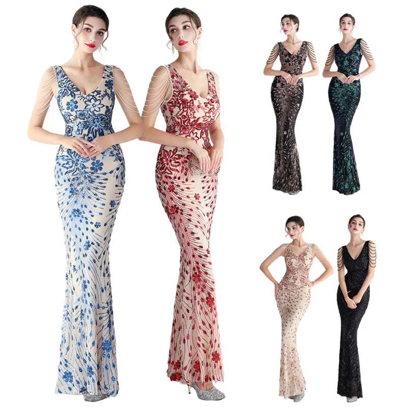 19607# Luxury Evening Dresses Slim Fit Tassel Sleeve Sequin Flower Long Mermaid Party Dress Gowns for Women Bridesmaid Dresses