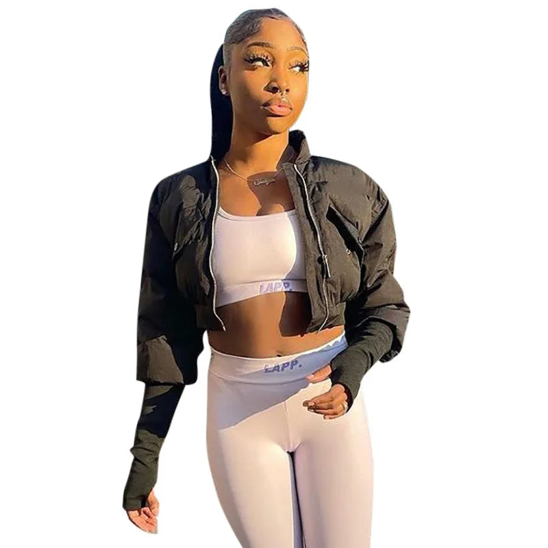Winter Women Clothing Stand Collar Cropped Bubble Jacket With Zipper Warm Puffer Jacket Women