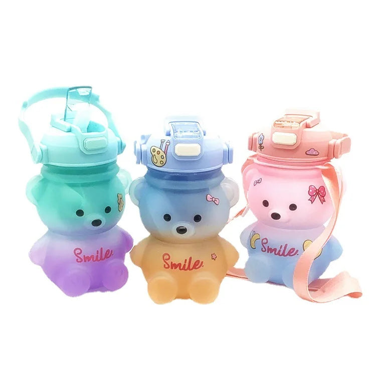 Children Cartoon Outdoor Strap Frosted Gradient Color Portable Bear PC Plastic Straw Water Bottle Wholesale