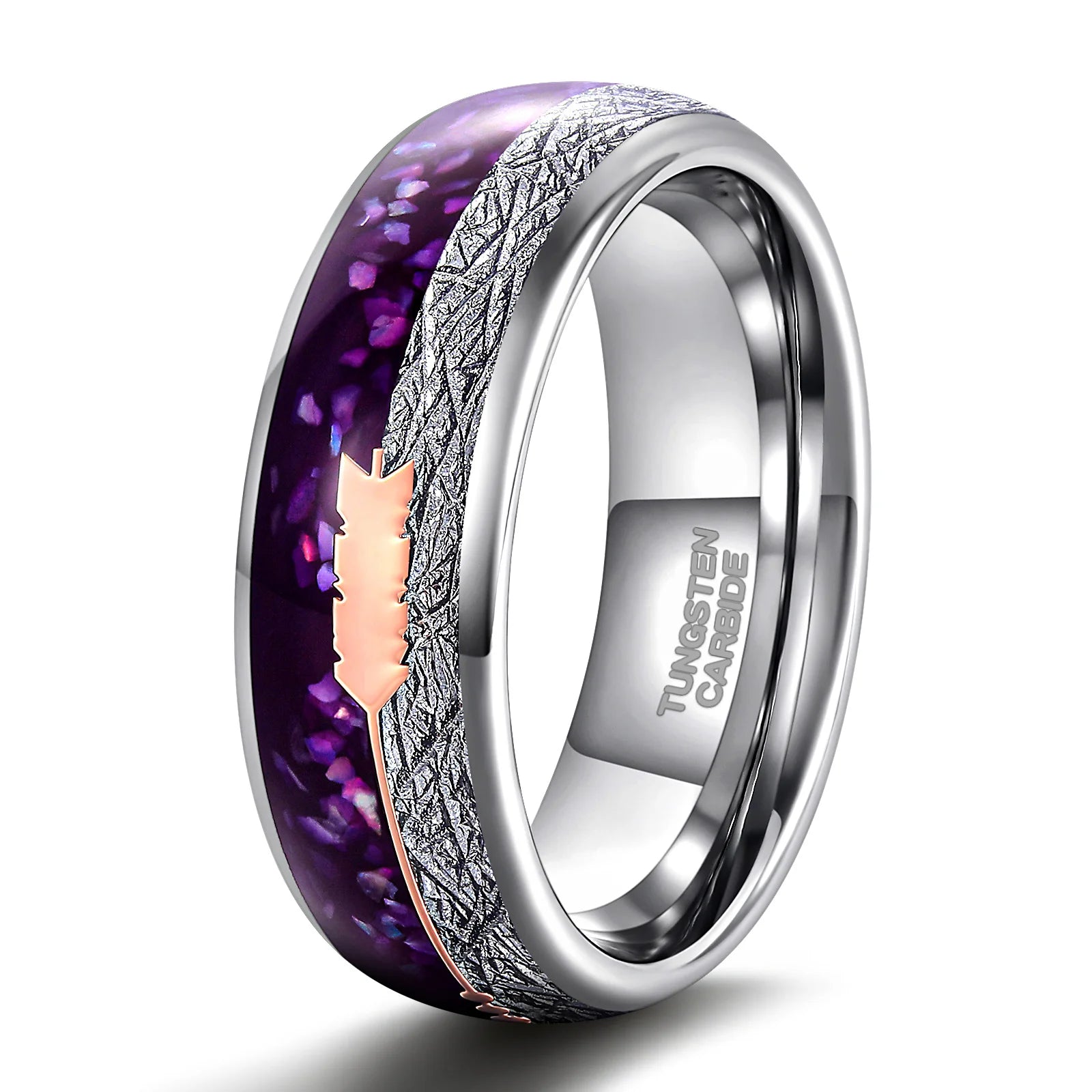 OAHLAN 8mm Rose Gold Arrow Purple Agate &Meteorite Domed Ring Men Women Wedding Engagement Bands High Polish Tungsten Ring