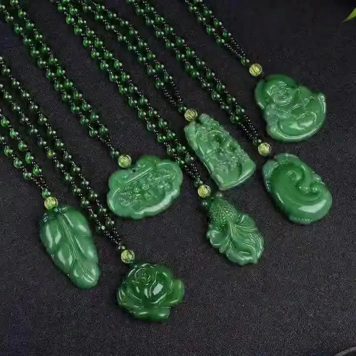 SC Popular Vintage Green Glaze Necklace Bamboo Leaf Goldfish Maitreya Necklace Pixiu Wealth Lucky Charm Necklace for Women Men