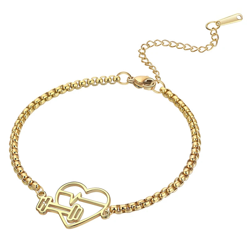 Stainless Steel Real Gold Plated Heart Bracelet Fashion Women Dumbbell Charm Pendant Bracelet Box Chain Jewelry Bracelet Gifts