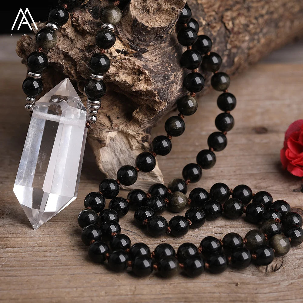 Gold Obsidian Healing Crystal Necklace  108 Mala Bead Knotted Necklace Handmade Jewelry for Women Yoga Gift