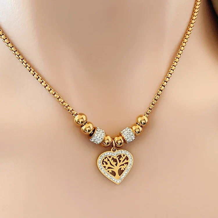 Wholesale stainless Steel Vacuum Electroplated 18k Gold Diamond Love Pendant Life Tree Necklace for Girls
