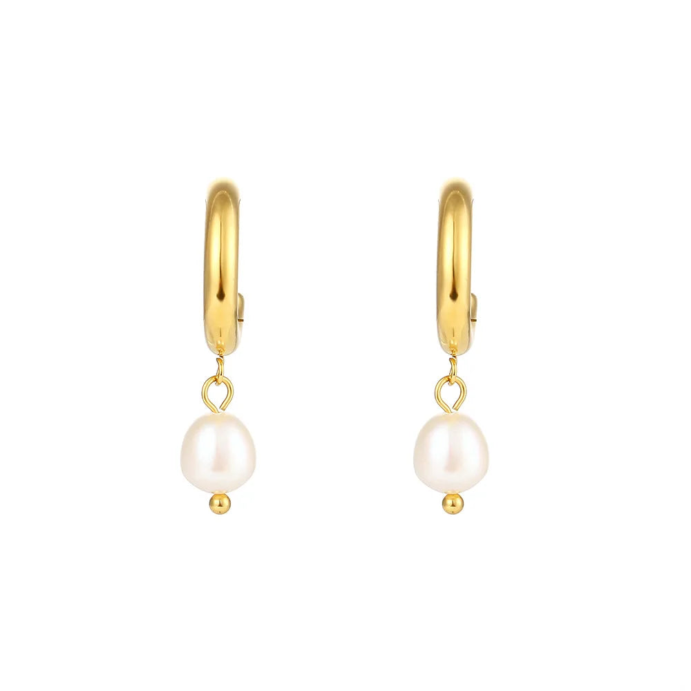 New Hot Selling 18K Gold Plated Stainless Steel Earring CC Statement Pearl Drop Hoop Earrings