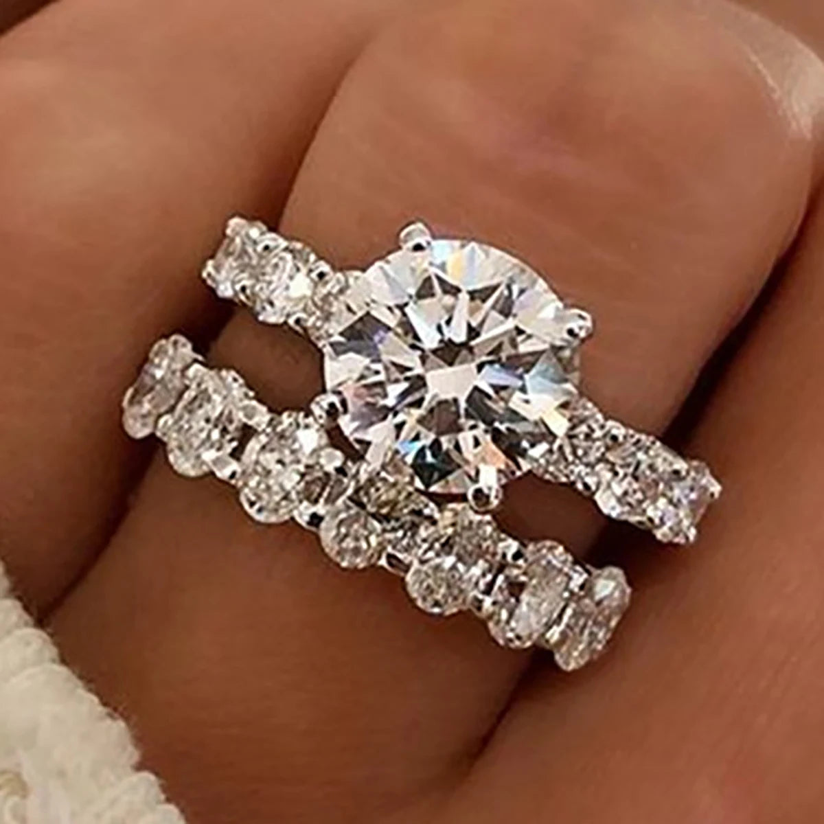 CAOSHI Hot Sale Graceful Geometric Design Bling 3A Zircon 2Pcs Sets Rings for High Quality Women Wedding Silver Plated CZ Rings