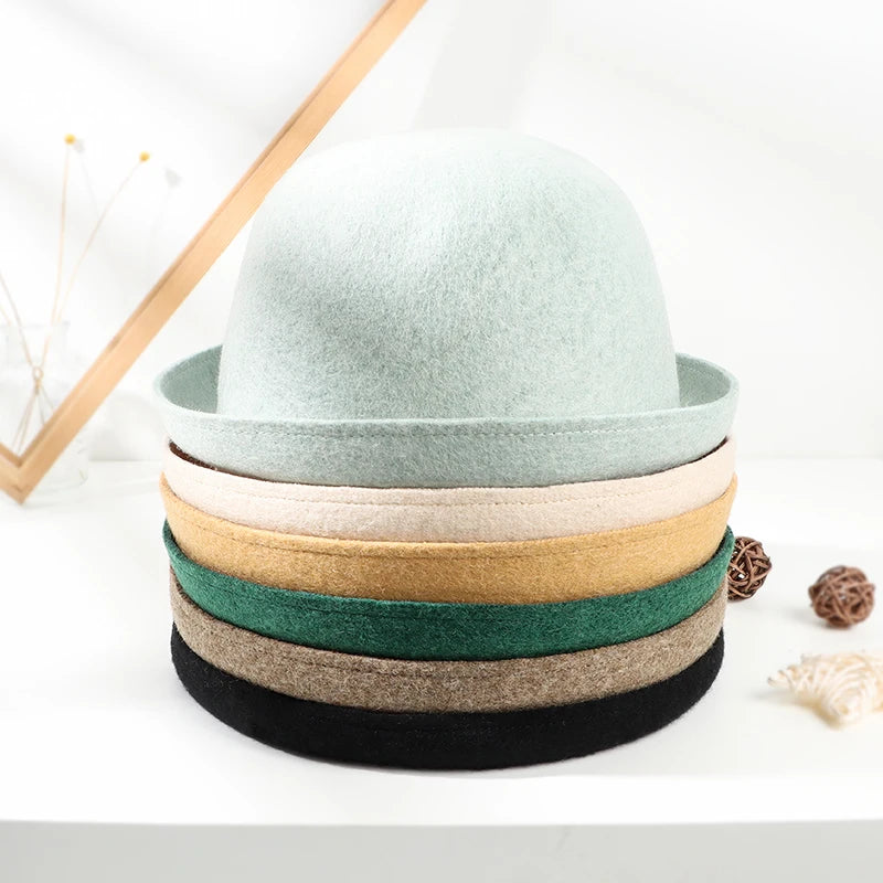 Wholesale Autumn Fashion British Hat Small Brim Curling Edge Wool Winter Black Fedora Hats for Womens